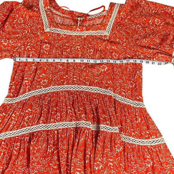 Free People Size Large Orange Boho Print Tunic Top Blouse W Ivory Crochet Trim - Picture 6 of 9